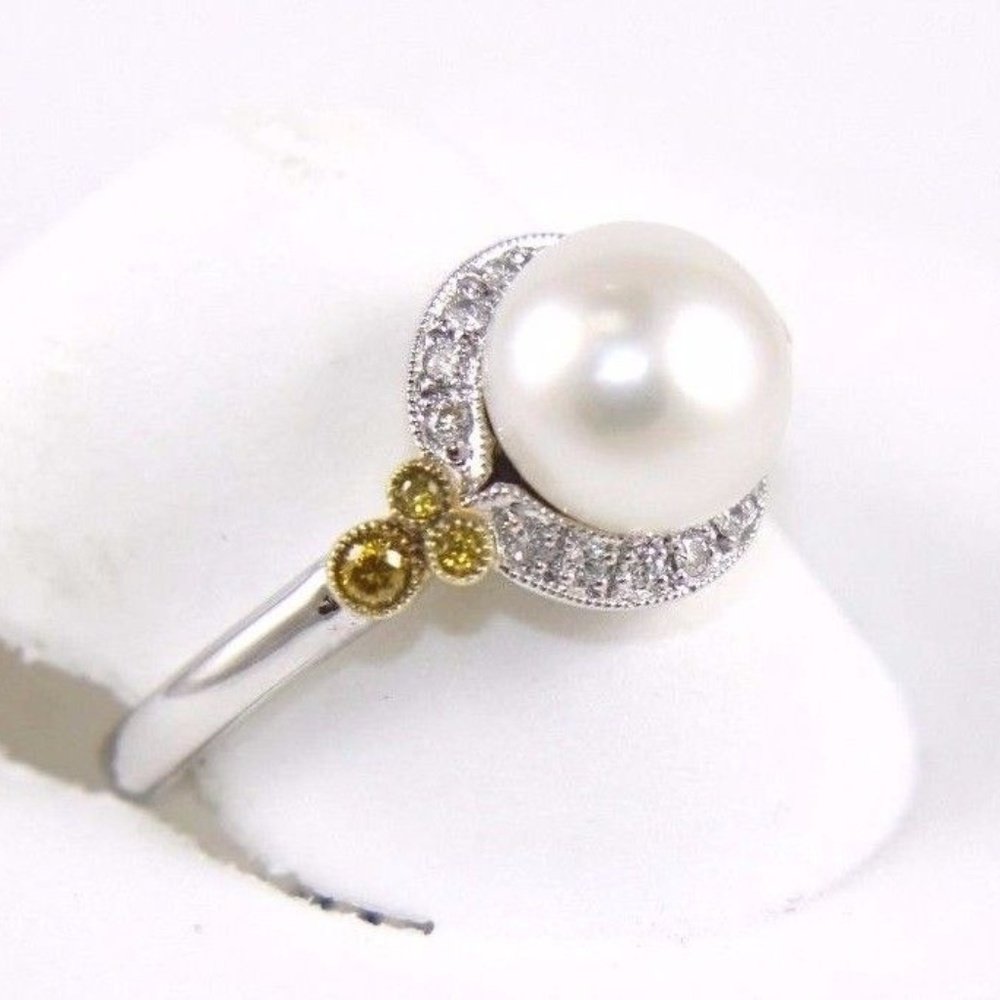 Pearl Solitaire & Diamond Ring 14k WG 9mm .20Ct